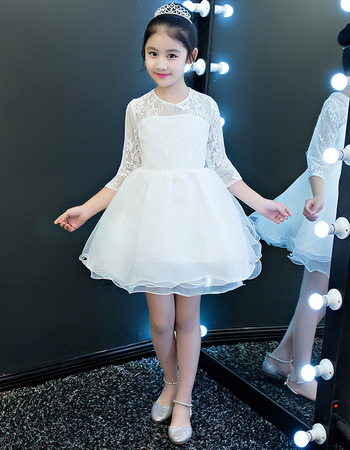 Pretty A-Line Round Neck Short Organza Lace White Flower Girl Dresses with 3/4 Length Sleeves