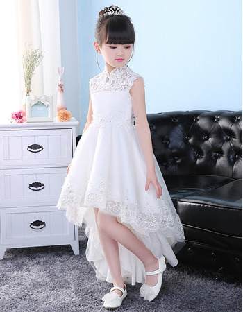 Fashionable A-Line Mandarin Collar High-Low Asymmetrical Hem Tulle Flower Girl Dresses with Beaded Appliques