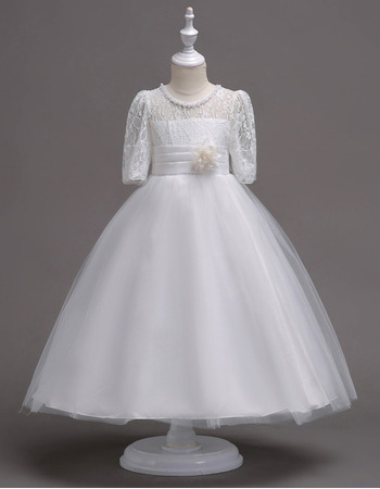 Lovely Ball Gown Beaded Round Neck Lace Tulle White Flower Girl Dresses with Half Sleeves and Hand Made Flower