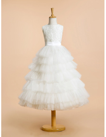 Amazing Pretty Ball Gown Bateau Neck Sleeveless Lace Tulle Ruched Layered Skirt Flower Girl Dresses