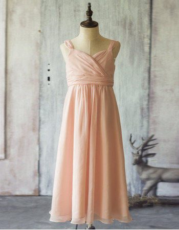 Simple Discount A-Line Wide Straps Tea Length Chiffon Flower Girl Dresses with Shirred Skirt