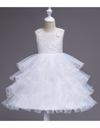 Pretty Knee Length Ruched Tiered Skirt White Organza Flower Girl Dresses with wire edge
