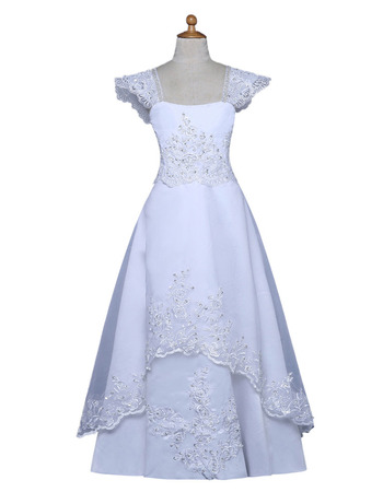Discount Cap Sleeves Full Length Flower Girl Dresses/ Pretty Beaded Appliques White First Holy Communion Dresses