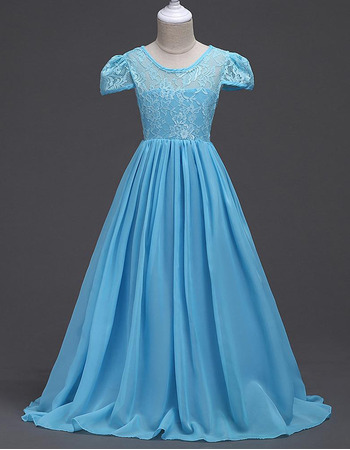 Affordable A-Line Floor Length Chiffon Lace Summer Flower Girl Dress with Short Cap Sleeves