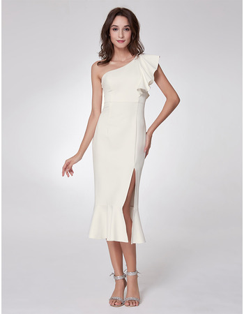 Stylish One Shoulder Tea Length Satin Evening Party Dresses with Side Slit