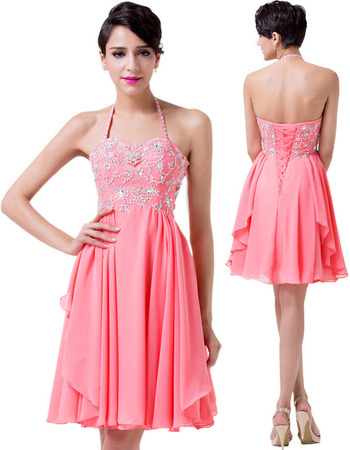 Dramatic Halter-neck Short Chiffon Homecoming Dresses with Shimmering Beaded Embroidered Bodice
