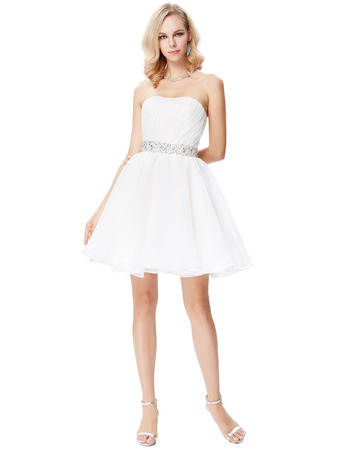 Perfect Strapless Short White Chiffon Homecoming/ Graduation Dresses with Beaded Waist