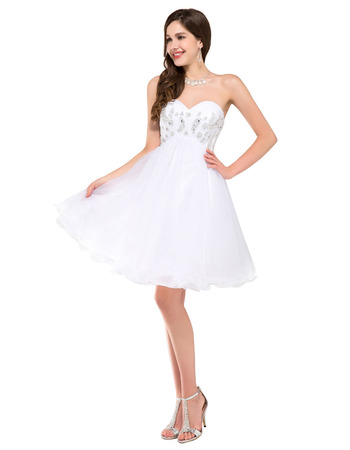 Classy A-Line Beaded Bodice Short White Tulle Homecoming/ Graduation ...