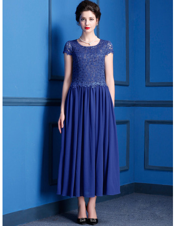 Tailored Affordable Tea Length Pleated Chiffon Lace Mother Dresses with Short Cap Sleeves