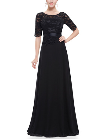 Tailored Elegant Round Neck Lace Chiffon Black Mother Dresses with Half Sleeves