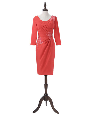 Couture Inexpensive Knee Length Applique Ruching Satin Mother Dress with 3/4 Long Sleeves