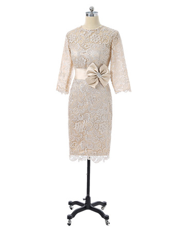 Tailored Column Knee Length Lace Mother Dress with 3/4 Long Sleeves with Belt Bowknot