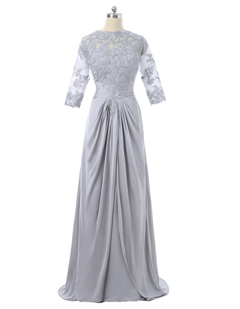 Affordable Beaded Appliques V-back Long Chiffon Mother Dresses with 3/4 Long Illusion Sleeves and Ruching