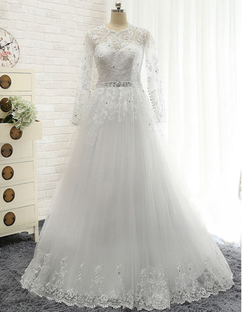 Vintage A-Line Floor Length Tulle Wedding Dresses with Long Sleeves