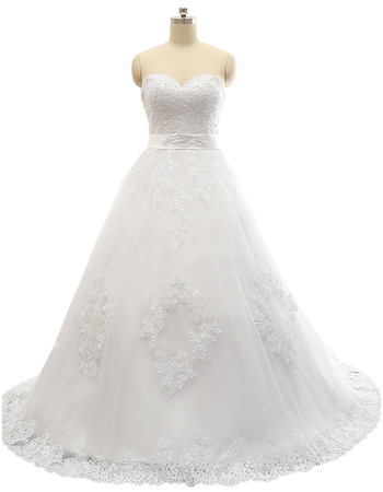 Discount A-Line Sweetheart Tulle Over Satin Wedding Dresses with Lace Appliques