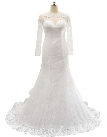 Elegantly Illusion Neckline Lace Wedding Dresses with Long Sleeves