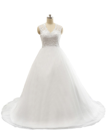 Custom V-Neck Floor Lenth Tulle Over Satin Wedding Dresses with Beaded Appliques Bodice