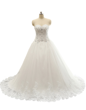 Custom Sweetheart Tulle Over Satin Wedding Dresses with Beaded Crystal Detail