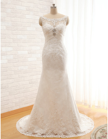 Elegantly Sheath Sleeveless Tulle Over Lace Wedding Dresses with Beaded Appliques Detail