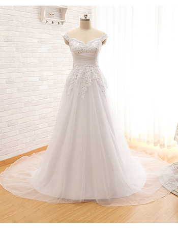 Elegance Off-The-Shoulder Organza Over Tulle Wedding Dresses with Beaded Appliques
