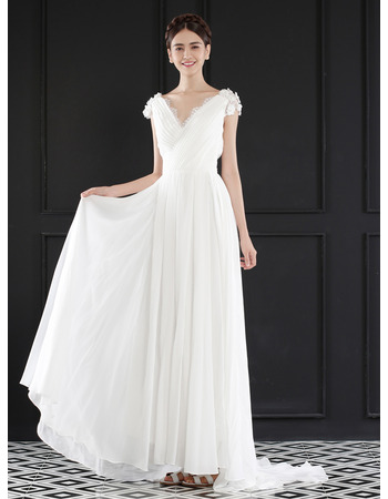 Romantic V-Neck Ruching Chiffon Wedding Dresses with Illusion Lace Back