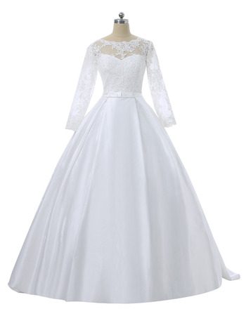 Simple Ball Gown Appliques Bodice Wedding Dresses with Long Sleeves