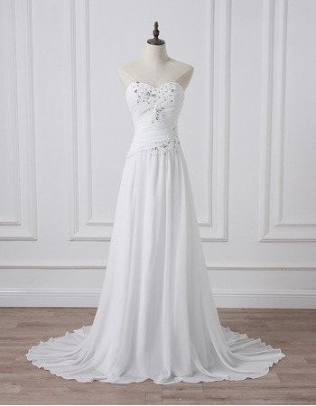 Elegantly Ivory Pleated Chiffon Wedding Dresses with Crystal Appliques Detail