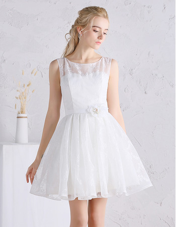 Simple Illusion Neckline Mini Lace Wedding Dresses with Pleated Skirt
