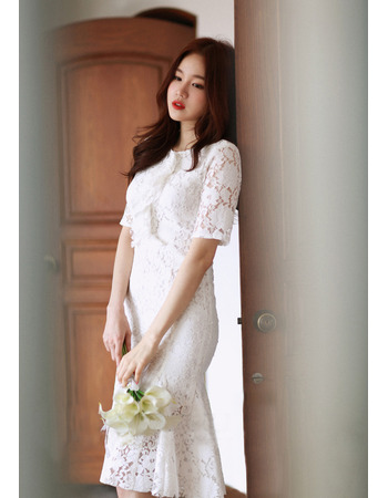 Petite Trumpet Knee Length Lace Reception Wedding Dress with Short Sleeves