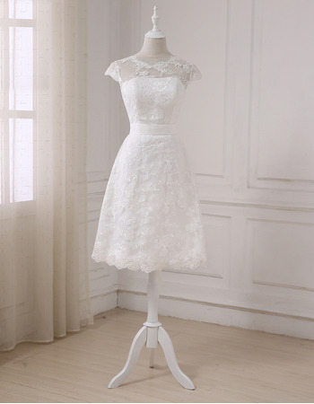 Elegant Cap Sleeves Knee Length Lace Petite Wedding Dress with Sash
