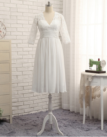 Elegant V-neck Knee Length Plus Size Wedding Dress with 3/4 Long Sleeves