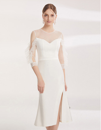 Dreamy Alluring Illusion Neckline Tea Length Cocktail/ Holiday Dresses with Side Slit for women