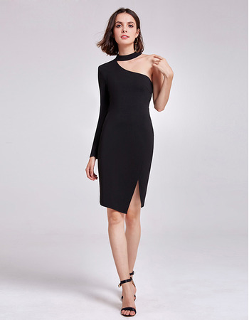 Sexy Dramatic Sheath One Shoulder Short Satin Black Cocktail/ Holiday Dresses with Side Slit for women