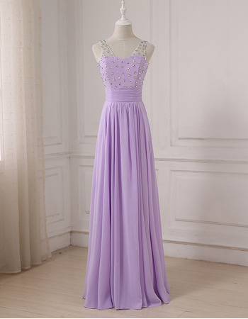 Plunging V-back Floor Length Chiffon Evening/ Prom/ Formal Dresses with Rhinestone Bodice