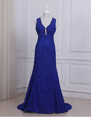 Attractive Beaded V-Neck Sleeveless Floor Length Lace Evening/ Prom/ Formal Dresses with Open Back