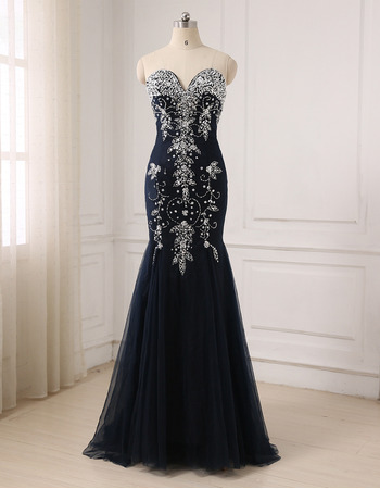 Shimmering Gorgeous Crystal Beading Mermaid Sweetheart Full Length Tulle Navy Blue Evening/ Prom/ Formal Dresses