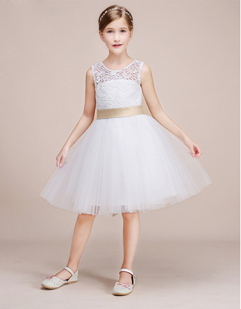 Custom Cute Knee Length Tulle Flower Girl Dresses with Lace Bodice