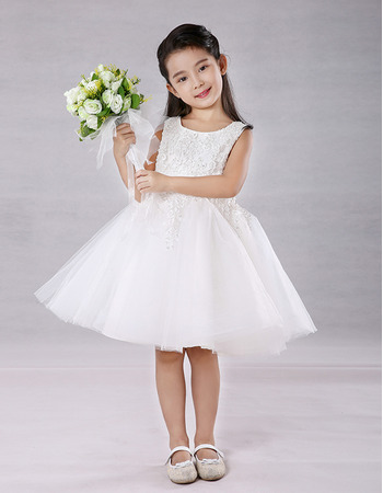 Pretty A-Line Scoop Neck Knee Length Appliques Beaded Tulle Flower Girl Dresses