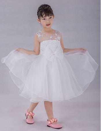 Discount Knee Length Organza Flower Girl/ Communion Dresses with Lace Appliques