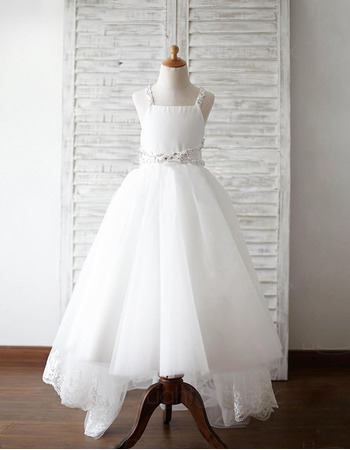 Beautiful Beaded Wide Straps Full Length High-Low Appliques Tulle Flower Girl Dresses