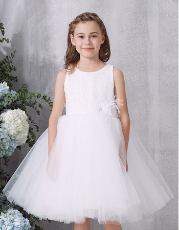 Cute Beaded Bodice Flower Girl Dresses with Feather and Handmade Flowers