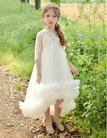 Beautiful Half Sleeves High-Low Flower Girl Dresses with Bubble Skirt