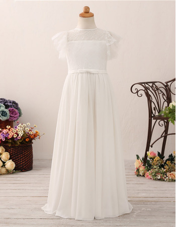 Simple Bateau Neck Lace Chiffon Flower Girl/ First Communion Dress with Flutter Sleeves