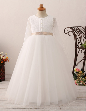 Cute Ball Gown Lace Bodice Plus Size Flower Girl Communion Dress with Long Sleeves