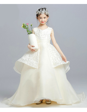 Gorgeous Ball Gown Full Length Lace Organza Little Girls Party Dresses with Layered Draped High-Low Skirt