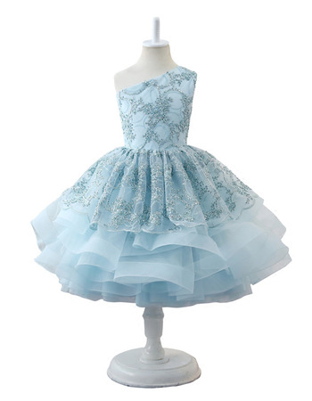 Luxury Beaded Appliques Ball Gown One Shoulder Knee Length Little Girls Party Dresses with Layered Skirt