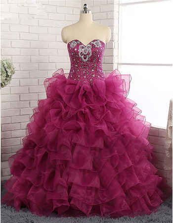 Gorgeous Crystal Beading Ball Gown Sweetheart Full Length Prom/ Quinceanera Dress with Ruffled Tiered Skirt