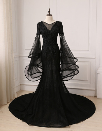 Stunning Modern Appliques Mermaid Court Train Black Tulle Prom Dresses with Trumpet Sleeves