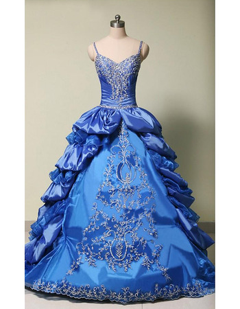 Luxury Beaded Embroidery Ball Gown Spaghetti Straps Floor Length Prom/ Quinceanera Dresses with Ruffled Tiered Skirt