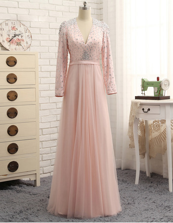 Luxury Crystal V-Neck Full Length Plus Size Prom/ Formal Dresses with Long Sleeves for Women